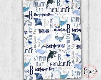 Personalized Ocean Animals Blanket - Sea Animals Baby Blanket - Ocean Minky Blanket- Personalized Whale Name Blanket - Whales Baby Blanket