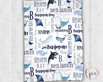 Manta personalizada con animales del océano - Manta de bebé con animales marinos - Manta Minky de océano - Manta personalizada con nombre de ballena - Manta de bebé con ballenas
