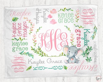 Personalized Baby Blanket - Elephant Floral Baby Blanket - Custom Baby Blanket - Floral Elephant - Baby Blanket - Baby Shower Gift