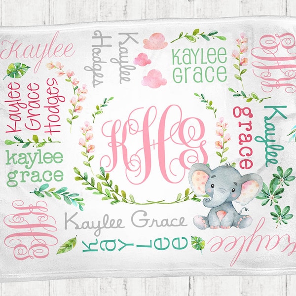 Personlig babyfilt - Elefantblommig babyfilt - Anpassad babyfilt - Blommig elefant - Babyfilt - Babyshowerpresent