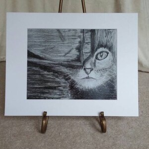 Cat,Feline, Hiding, Peeking, Scared, Wood, Door, Black and White, Graphite, Print, Artwork, Drawing