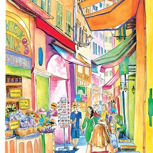 Schöne Altstadt Strasse Poster, Sommer Côte d'Azur, Schöne Malerei, Aquarell Aquarell Nizza