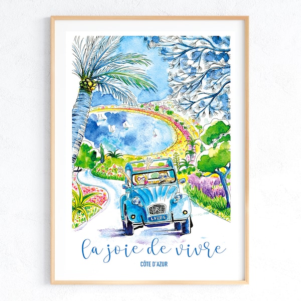 Affiche 2CV Joie de vivre Côte d'Azur, Être heureux, Vacances, impression dessin aquarelle, idée cadeau, Poster Côte d'Azur
