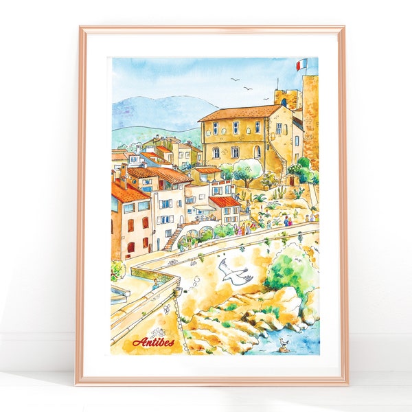 Antibes Promenade Poster, Côte d'Azur, watercolor print, bord de mer, remparts, Musée Picasso, idée cadeau Antibes