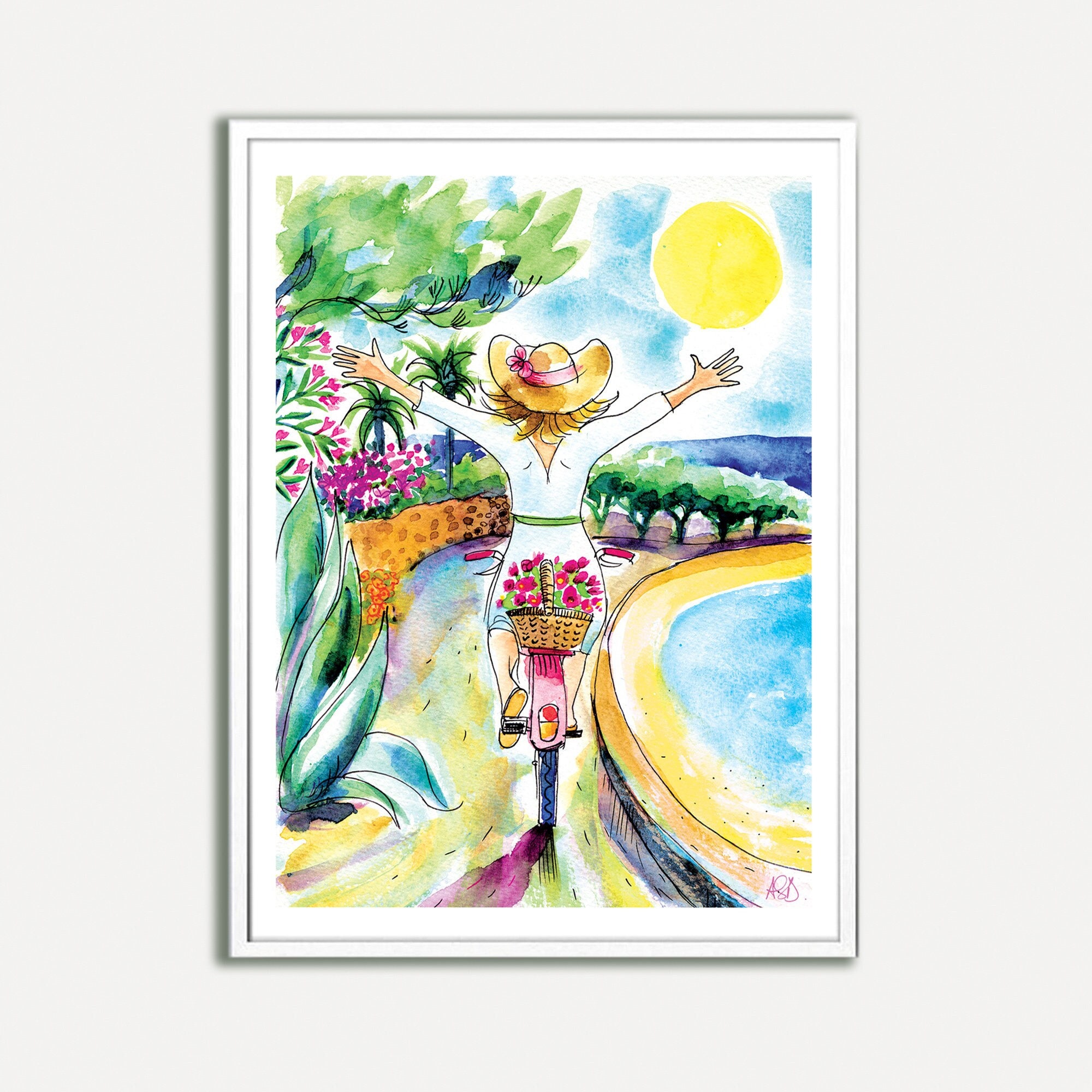 Affiche Femme Heureuse à Bicyclette, Côte d'azur, Impression Dessin Aquarelle 50x70 cm, A3