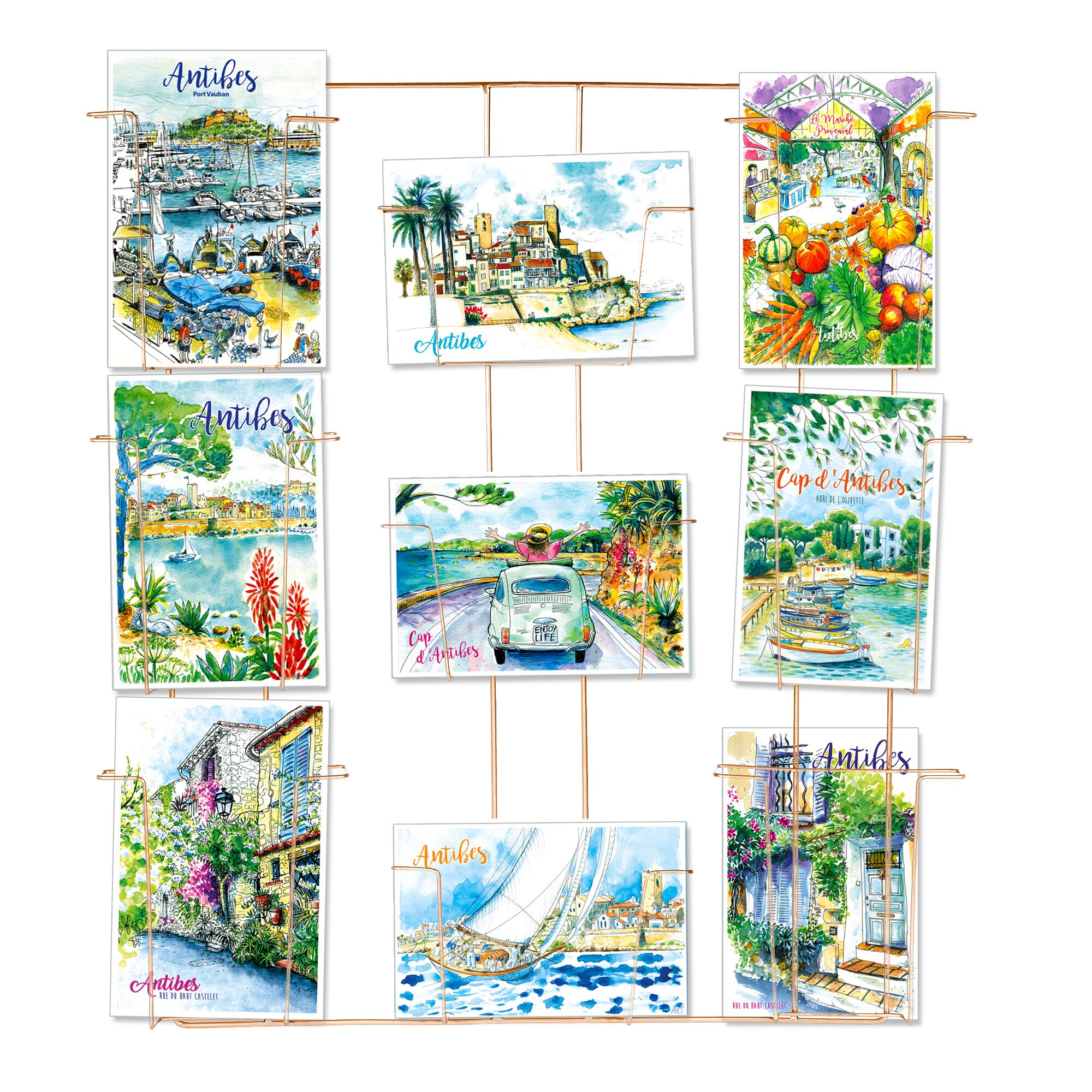 Lot 9 Cartes Postales Antibes 10x15cm, Best Of Antibes, Impression Aquarelles