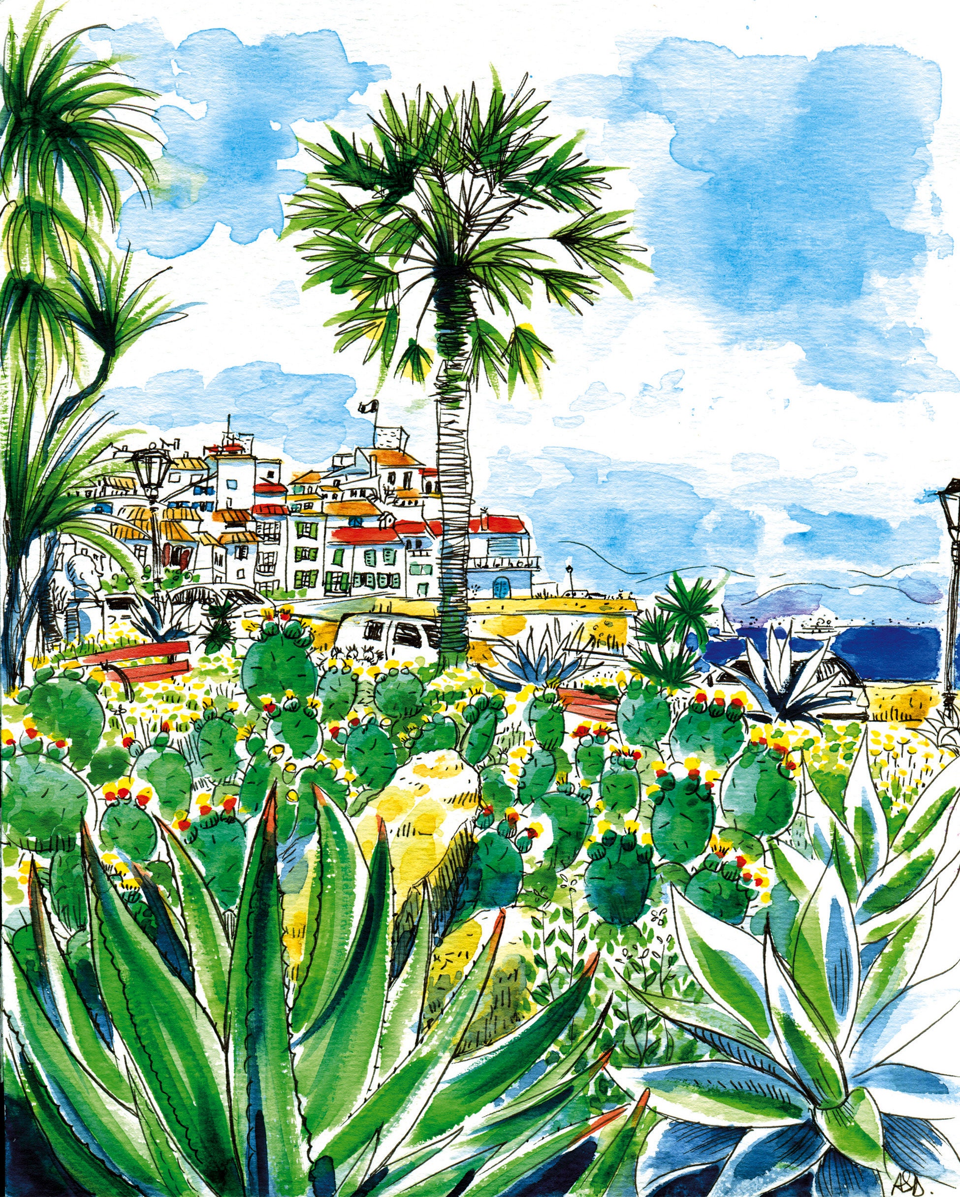 Aquarelle Antibes Vue Du Square Victor Hugo 19x24 cm