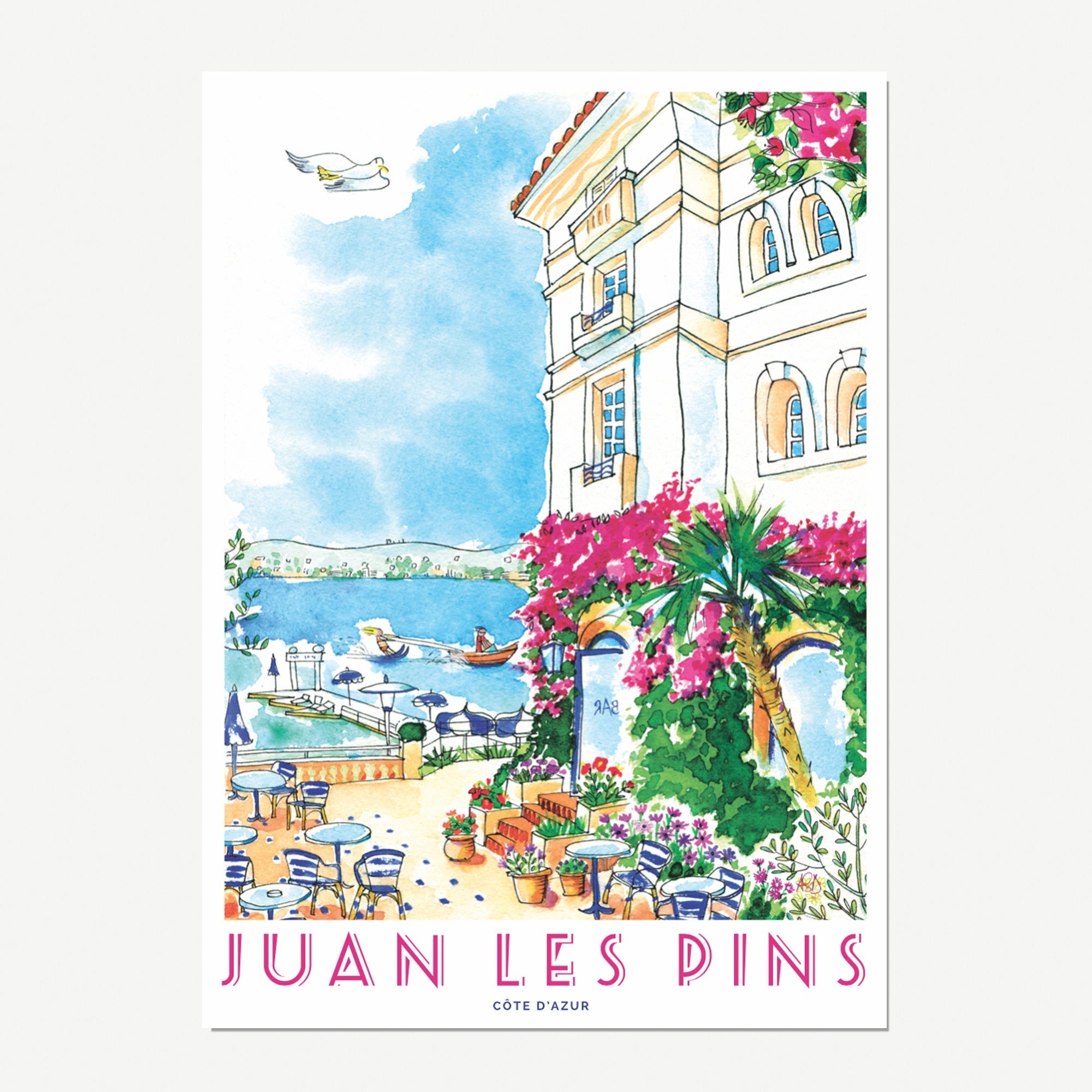 Affiche Juan Les Pins Côte d'azur, Hôtel de Luxe, Impression Dessin Aquarelle
