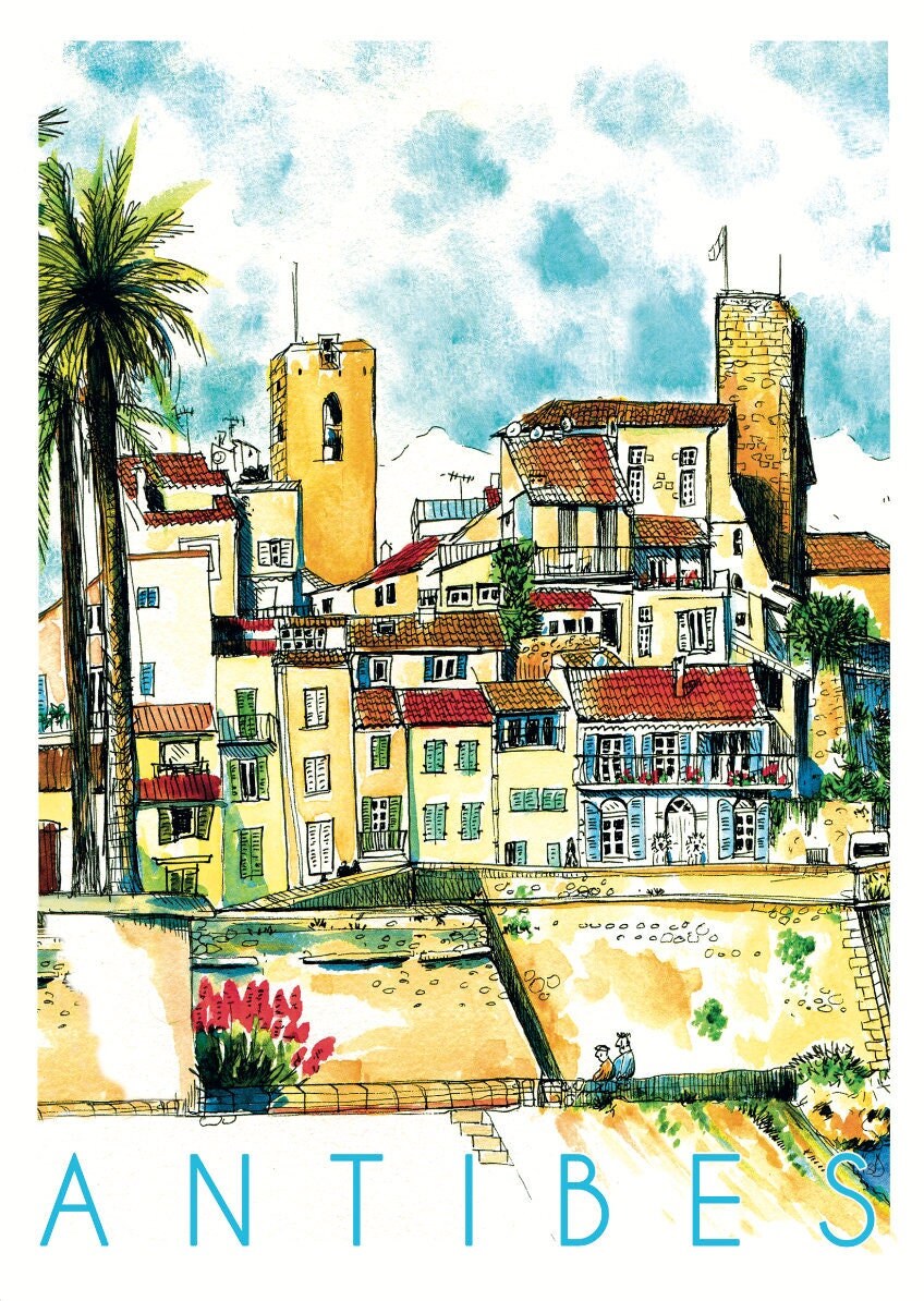 Affiche Antibes 50x70cm, Poster Antibes, Idée Cadeau Côte d'azur, Impression Dessin Aquarelle,