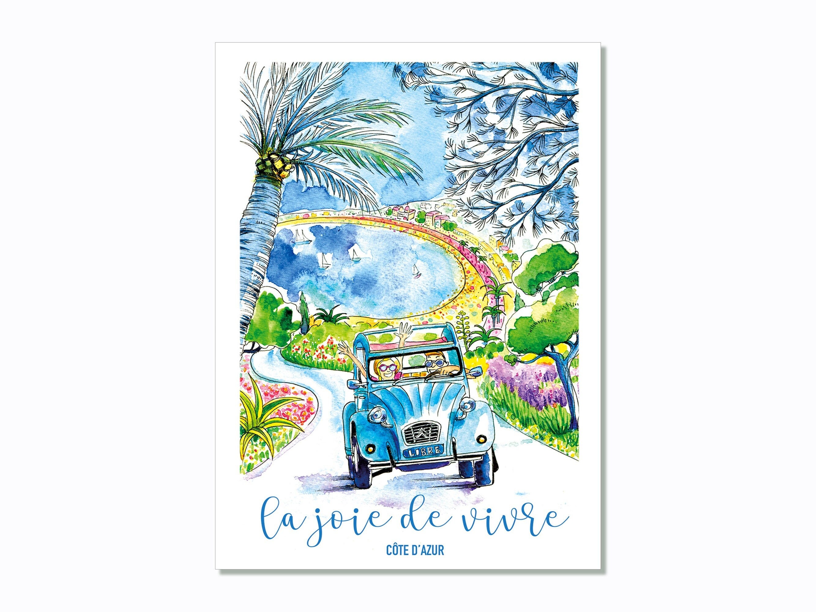 Affiche 2Cv Joie de Vivre Côte d'azur, Être Heureux, Vacances, Impression Dessin Aquarelle, Idée Cad
