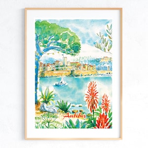 Antibes Poster, Holidays Côte d'Azur, Remparts Antibes, farniente,  watercolor print A3, 50x70cm