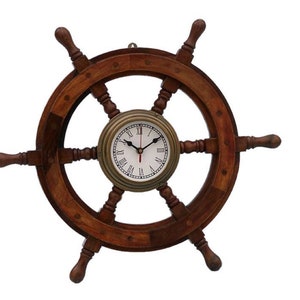 Deluxe Class Wood and Copper Ship Steering Wheel Clock 18 