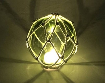 Tabletop LED Lighted Green Japanese Glass Ball Fishing Float with White Netting 4"