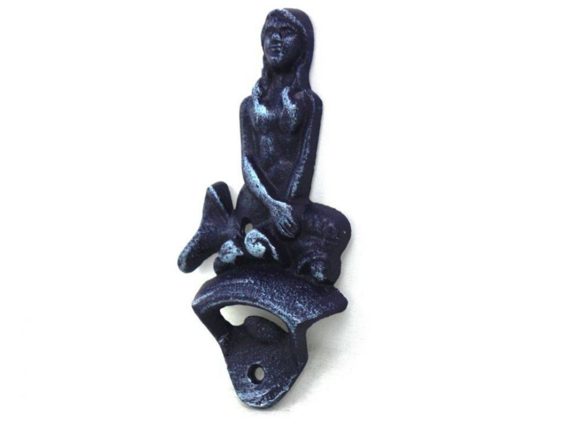 Rustic Dark Blue Cast Iron Wall Mounted Mermaid Bottle Opener Etsy