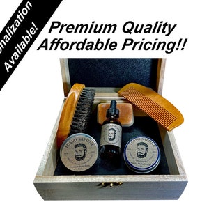 Beard Grooming Kit /Personalized Groomsmen Gifts / Beard Oil, Balm, Wax, Soap, Wood Comb, Wood Brush, Wooden Gift Box. image 1