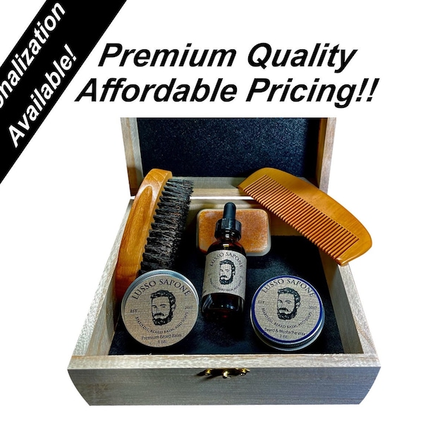 Beard Grooming Kit /Personalized Groomsmen Gifts / Beard Oil, Balm, Wax, Soap, Wood Comb, Wood Brush, Wooden Gift Box.