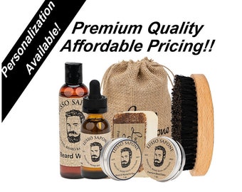 Personalized Gift, Beard Grooming Kit. Kit includes: Beard Oil, Beard Balm, Beard Wash, Beard Wax, Soap, and Wood Beard Brush