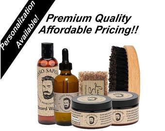 Beard Grooming Kit, Beard Oil 4 oz, Beard Balm 4 oz, Beard Wash 4 oz, Beard Wax 4 oz, Soap, & Wood Beard Brush, Personalization Available