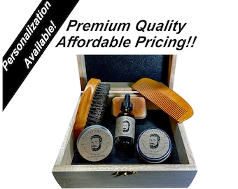 Beard Grooming Kit /Personalized Groomsmen Gifts / Beard Oil, Balm, Wax, Soap, Wood Comb, Wood Brush, Wooden Gift Box.