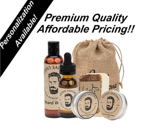 Beard Grooming Kit. Kit includes: Beard Oil, Beard Balm, Beard Wash, Beard Wax, and Soap