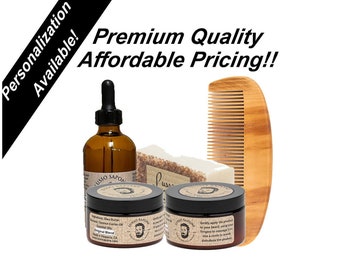 Beard Oil Kit, Beard Oil 4 oz, Beard Balm 4 oz & Beard Wax 4 oz, Soap and Wood Beard Comb Personalization Available