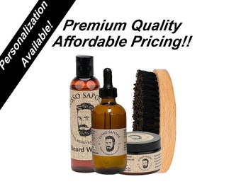 Personalized Gift, Beard Conditioner Kit. Beard Grooming Kit, Beard Oil 4 oz, Beard Balm4 oz, Beard Wash 4 oz, and Wood Beard Brush