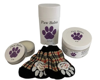 Dog paw balm, moisturizer for paws & noses, healing natural salve, winter protection or treatment for dogs, with free set of pet socks