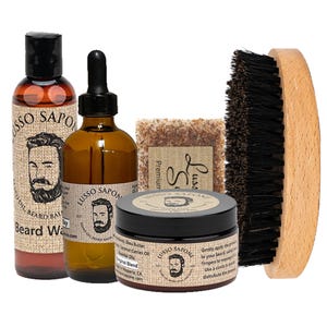 Grooming Kit, Beard Oil 4 oz, Beard Balm 4 oz, Beard Wash 4 oz, Soap, and Wood Beard Brush Personalization Available