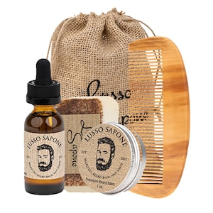 Personalized Gift Set with Beard Oil, Balm, Soap, Comb in Burlap Sack by Lusso Sapone