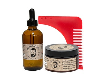 Beard Care Kit. Includes: 4 oz Beard Oil, 4 oz Beard Balm, and Beard Shaping Comb