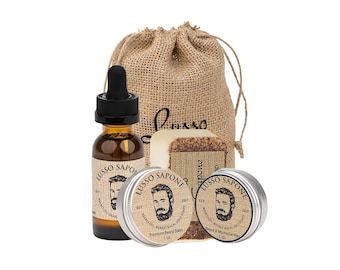Beard Grooming Kit - Beard Oil - Beard Kit - Contains: Beard Oil, Beard Balm, Beard Wax, and Soap in a Re-Usable Burlap Sack