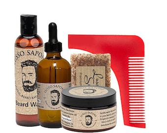 Grooming Kit. Includes: 4 oz Beard Oil, 4 oz Beard Balm, 4 oz Beard Wash, Soap, and Beard Shaping Comb