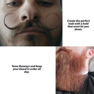 May include: A close-up of a dark brown handlebar mustache styled into two large loops, and a separate view of a thick, textured ginger beard. Text reads: Create the perfect look with a hold that wont let you down. Tame flyaways and keep your beard in order all day.
