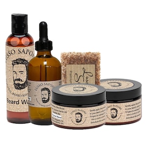 Ultimate Beard Care Set - Olio per barba, balsamo, detergente, cera, sapone - Regalo per lui di Lusso Sapone