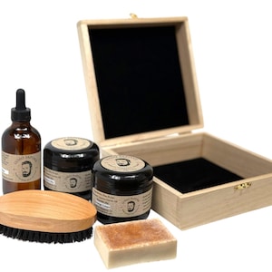 All-Natural Beard Kit with 4 oz Beard Oil, Balm, Wax, Soap, and Personalized Wood Brush Set by Lusso Sapone