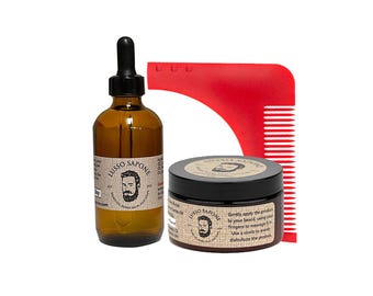 Lusso Sapone Beard Care Set: 4 oz Oil, Balm, Comb Grooming Kit