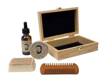 Personalized Gifts / Handmade Beard Oil Kit / Beard Oil / Beard Balm / Soap/ Wood Beard Comb / Wood Box / by Lusso Sapone