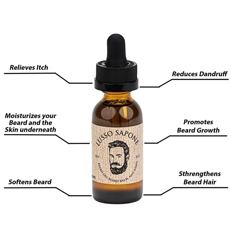 May include: A brown glass bottle with a dropper top filled with beard oil. The bottle has a label with the text "Lusso Sapone" and a drawing of a man with a beard. The label also says "Beard Oil Beard Balm & After Shave".