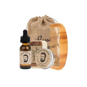 Personalized Gift Set with Beard Oil, Balm, Soap, Comb in Burlap Sack by Lusso Sapone