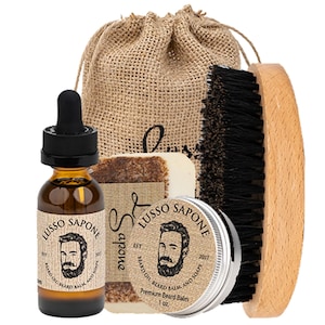 All In One Beard Care Kit in Eco-Friendly Bag | Contains Beard Oil, Balm, Soap, & Beard Brush, | Personalized Gift