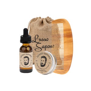 Luxury Personalized Beard Care Gift Set: Oil, Balm & Bamboo Comb with Reusable Burlap Sack by Lusso Sapone