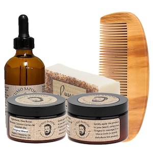 Set per la cura della barba con pettine in legno personalizzabile - Olio per barba da 4 once, balsamo, cera, sapone inclusi di Lusso Sapone