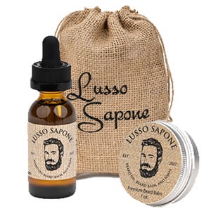 Minimalist Beard Grooming Essentials: Beard Oil & Balm in a Reusable Burlap Bag by Lusso Sapone