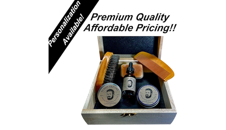 Beard Grooming Kit /Personalized Groomsmen Gifts / Beard Oil, Balm, Wax, Soap, Wood Comb, Wood Brush, Wooden Gift Box. image 1