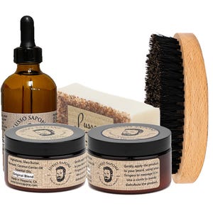 Kit per la cura della barba fatto a mano: 4 oz di olio, balsamo, cera, sapone e spazzola in legno - Personalizzabile da Lusso Sapone