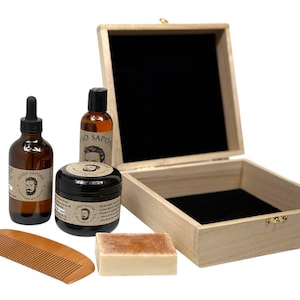 Kit per la cura della barba, olio per barba da 4 once, balsamo per barba da 4 once, detergente per barba da 4 once, sapone e pettine per barba in legno, personalizzazione disponibile