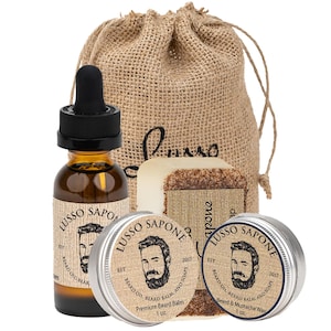 Beard Grooming Kit - Beard Oil - Beard Kit - Contains: Beard Oil, Beard Balm, Beard Wax, and Soap in a Re-Usable Burlap Sack