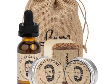 Beard Grooming Kit - Beard Oil - Beard Kit - Contains: Beard Oil, Beard Balm, Beard Wax, and Soap in a Re-Usable Burlap Sack
