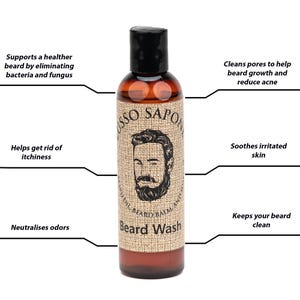 May include: A brown bottle with a black cap and a label that says "SSO SAPO SOIL BEARD BALM Beard Wash". The label has a drawing of a man with a beard. The bottle is on a white background.