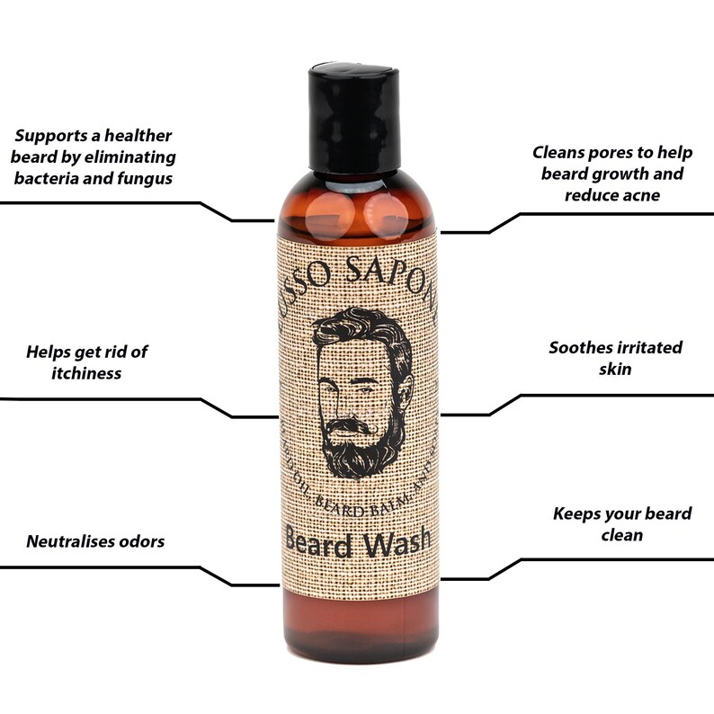May include: A brown bottle with a black cap and a label that says "SSO SAPO SOIL BEARD BALM Beard Wash". The label has a drawing of a man with a beard. The bottle is on a white background.
